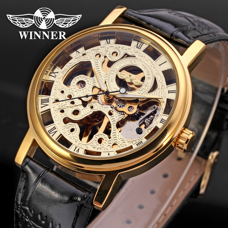 Luxury Watch Nice - 남성용 골든 스켈레톤 시계, 블랙 가죽