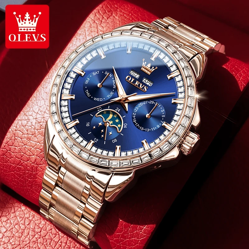 Compass Watch Luxury - OLEVS 남성용 풀 다기능 다이얼 블루