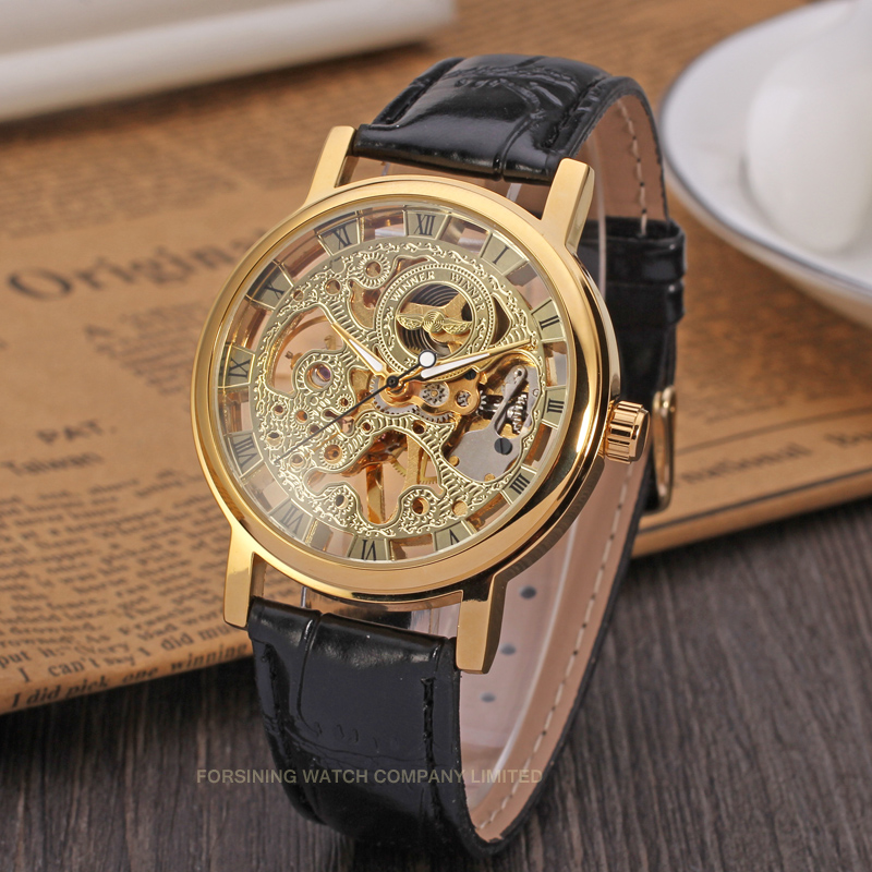 남성용 골든 스켈레톤 시계, 블랙 가죽 스트랩, 기계식 - Luxury Watch Nice 리뷰 및 가격