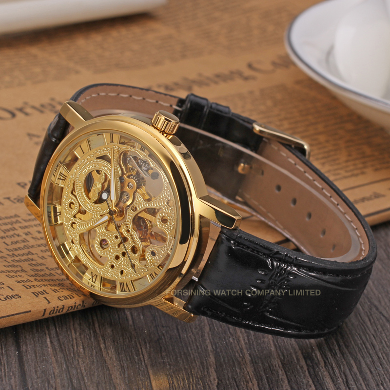 남성용 골든 스켈레톤 시계, 블랙 가죽 스트랩, 기계식 - Luxury Watch Nice 리뷰 및 가격