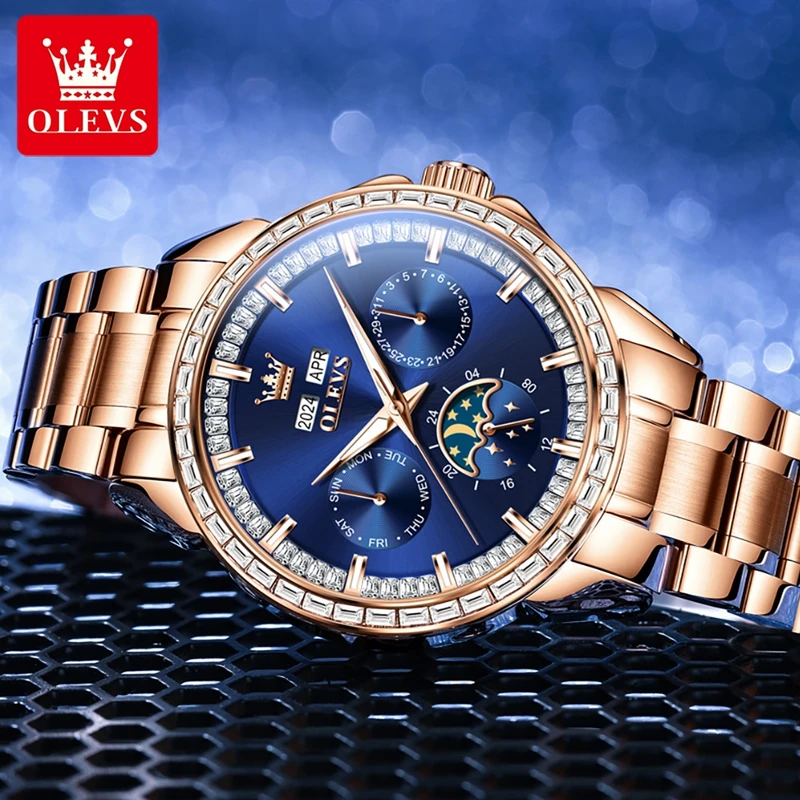 OLEVS 남성용 풀 다기능 다이얼 블루 가죽 스트랩  - Compass Watch Luxury 리뷰 및 가격