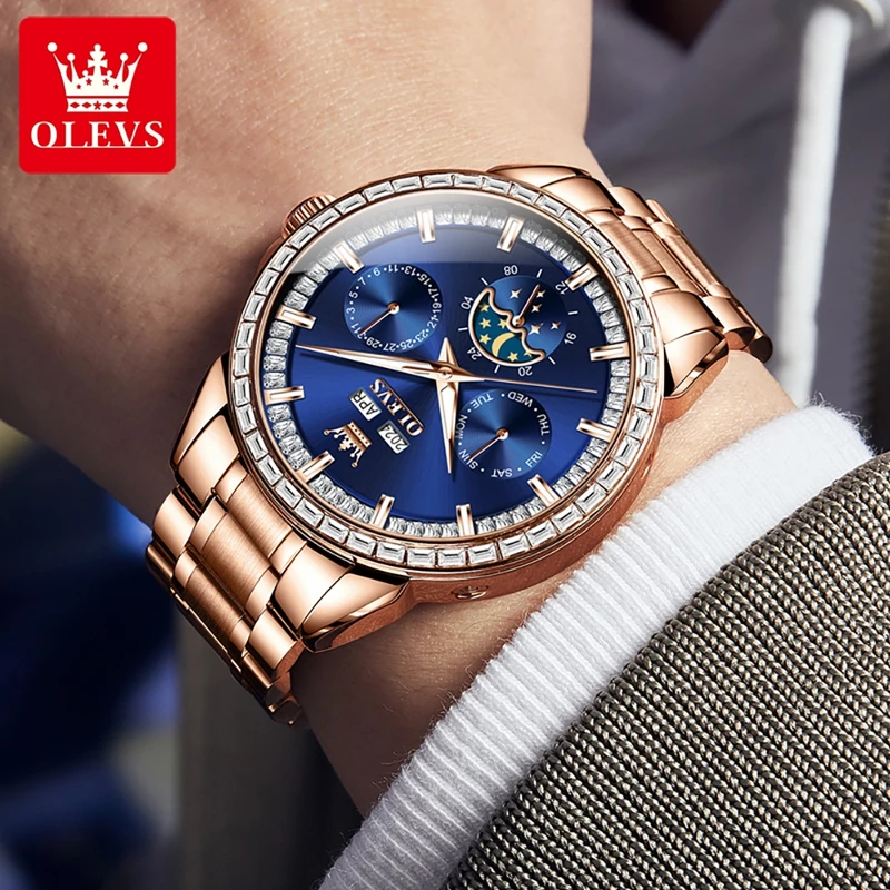 OLEVS 남성용 풀 다기능 다이얼 블루 가죽 스트랩  - Compass Watch Luxury 리뷰 및 가격